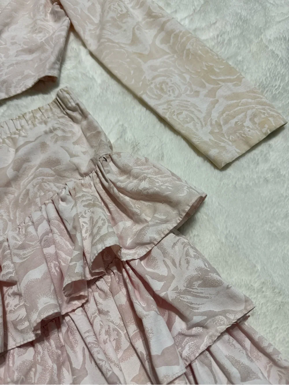 Vintage 80s Diamonds Run Pink Floral Jacquard Crop Top & Tiered Ruffle Skirt